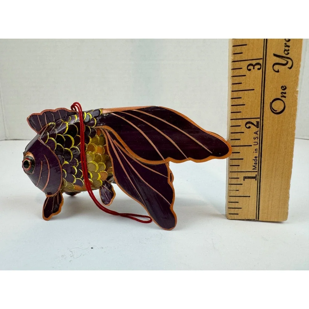 Vintage Chinese Folk Art Goldfish Lantern Purple Gold Straw Ornament Decor 4.5